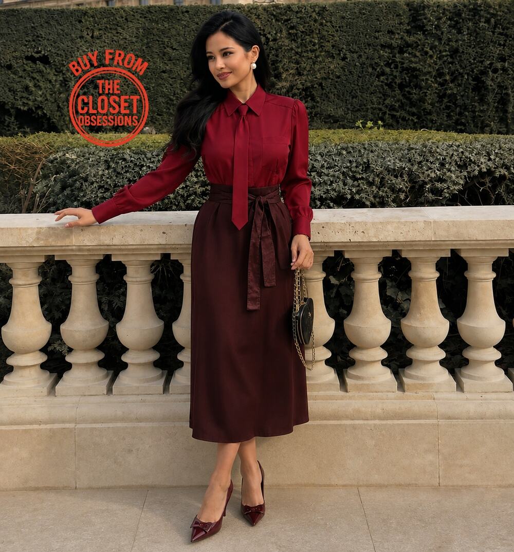 Zara NWT Burgundy Tie Neck Belted Midi Shirt Dress S M